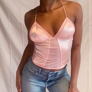 Spaghetti strap low cut pink top
